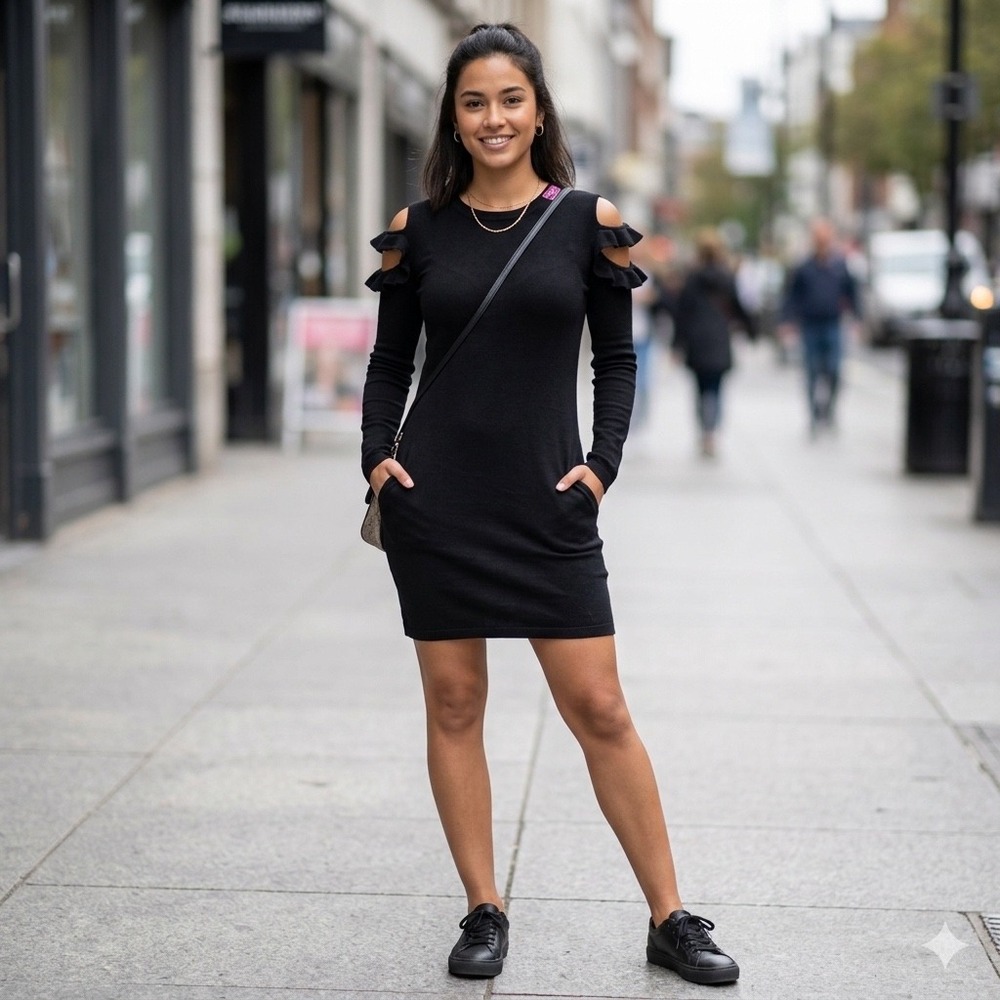 Say What? Womens Size Large Black Cold Shoulder Dress Long Sleeve Knit Mini Chic